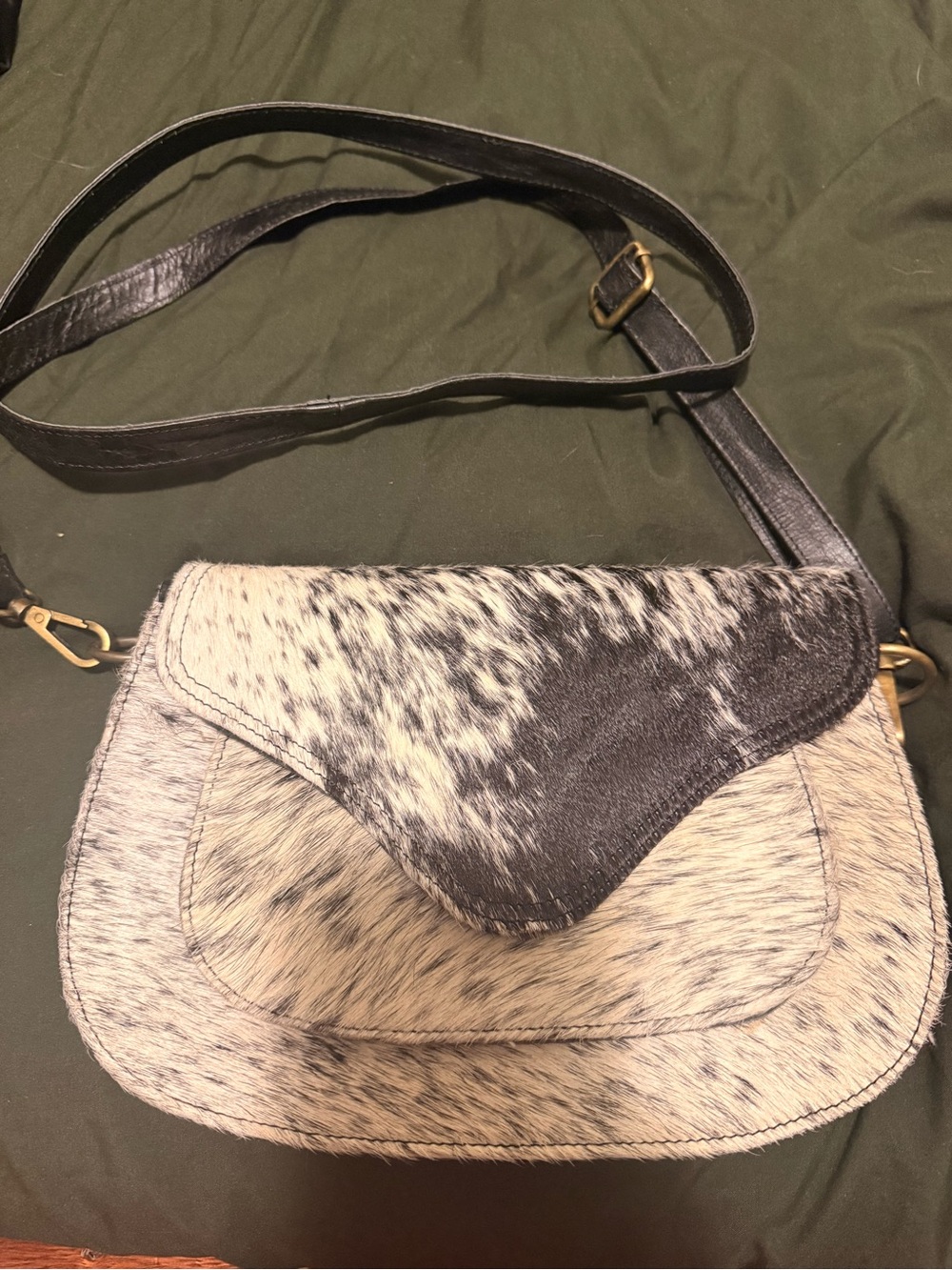 Cowhide Crossbody Saddle Bag in Black & White